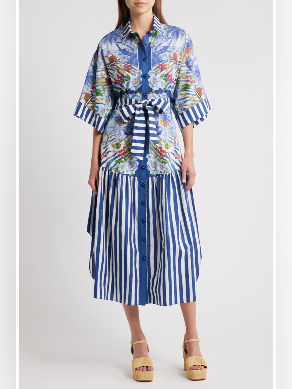 FARM Rio Fresh Table Scarf Blue Floral & Stripe Midi Shirt Dress